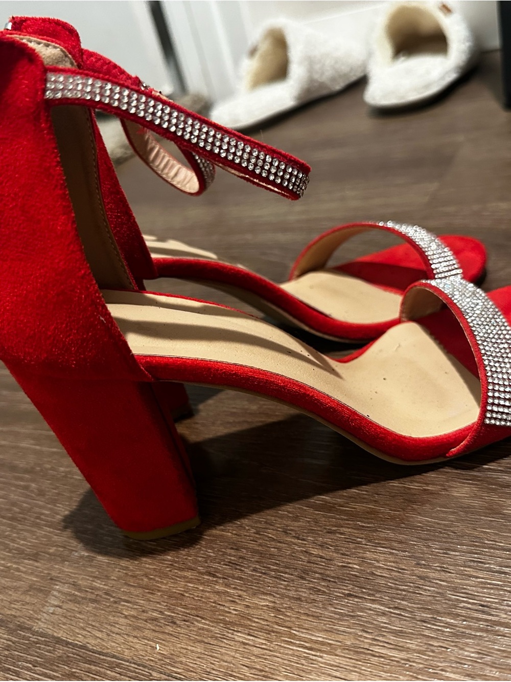 Red Rhinestone Ankle-Strap Block Heel Sandals - Picture 3 of 4